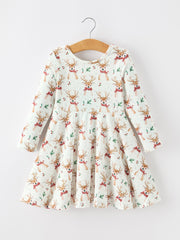 Girls Reindeer Christmas Twirl Long Sleeve Dress