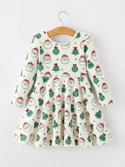 Girls Santa & Christmas Tree Print Twirl Dress