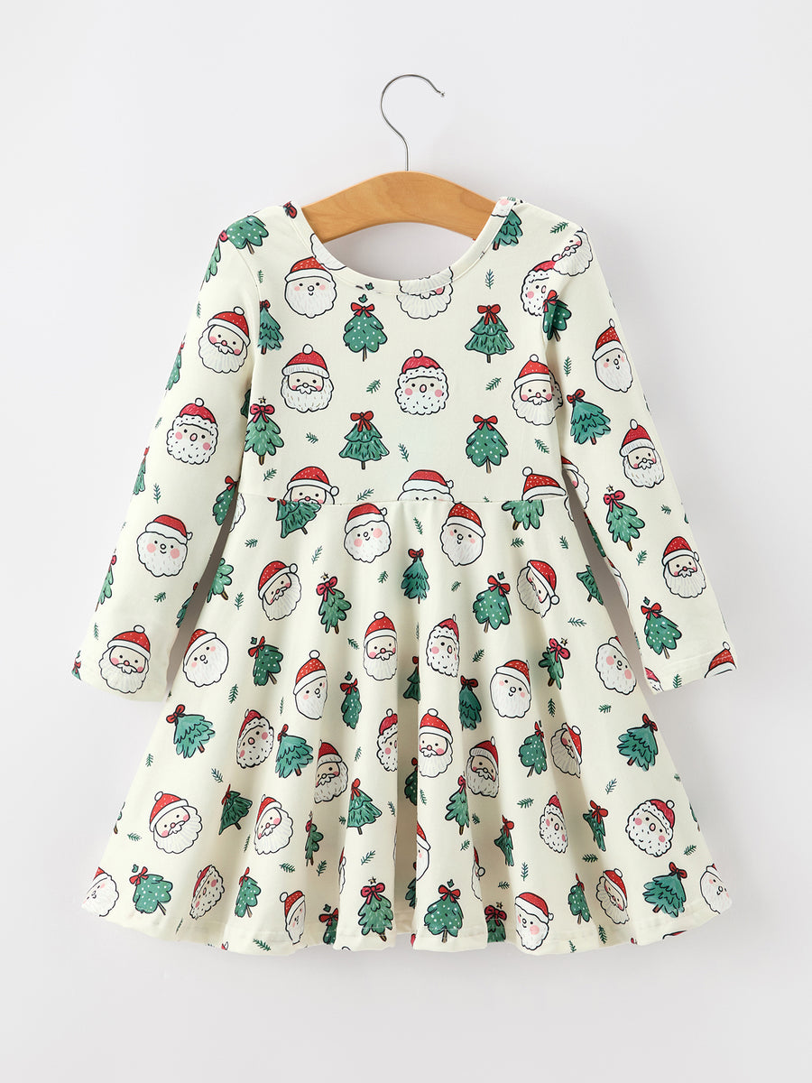 Girls Santa & Christmas Tree Print Twirl Dress