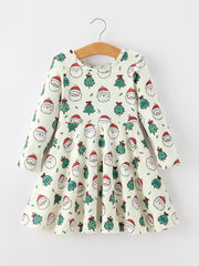 Girls Santa & Christmas Tree Print Twirl Dress