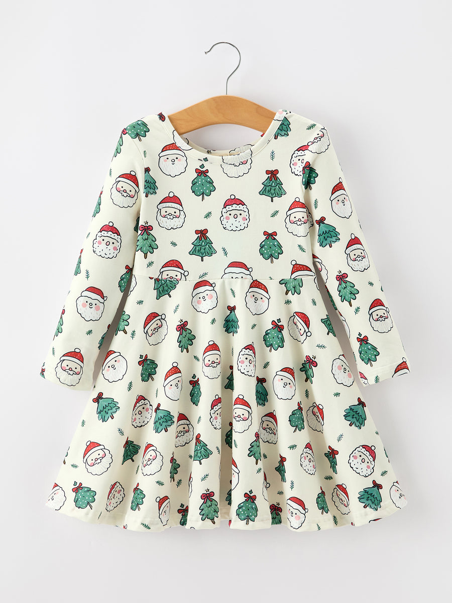 Girls Santa & Christmas Tree Print Twirl Dress