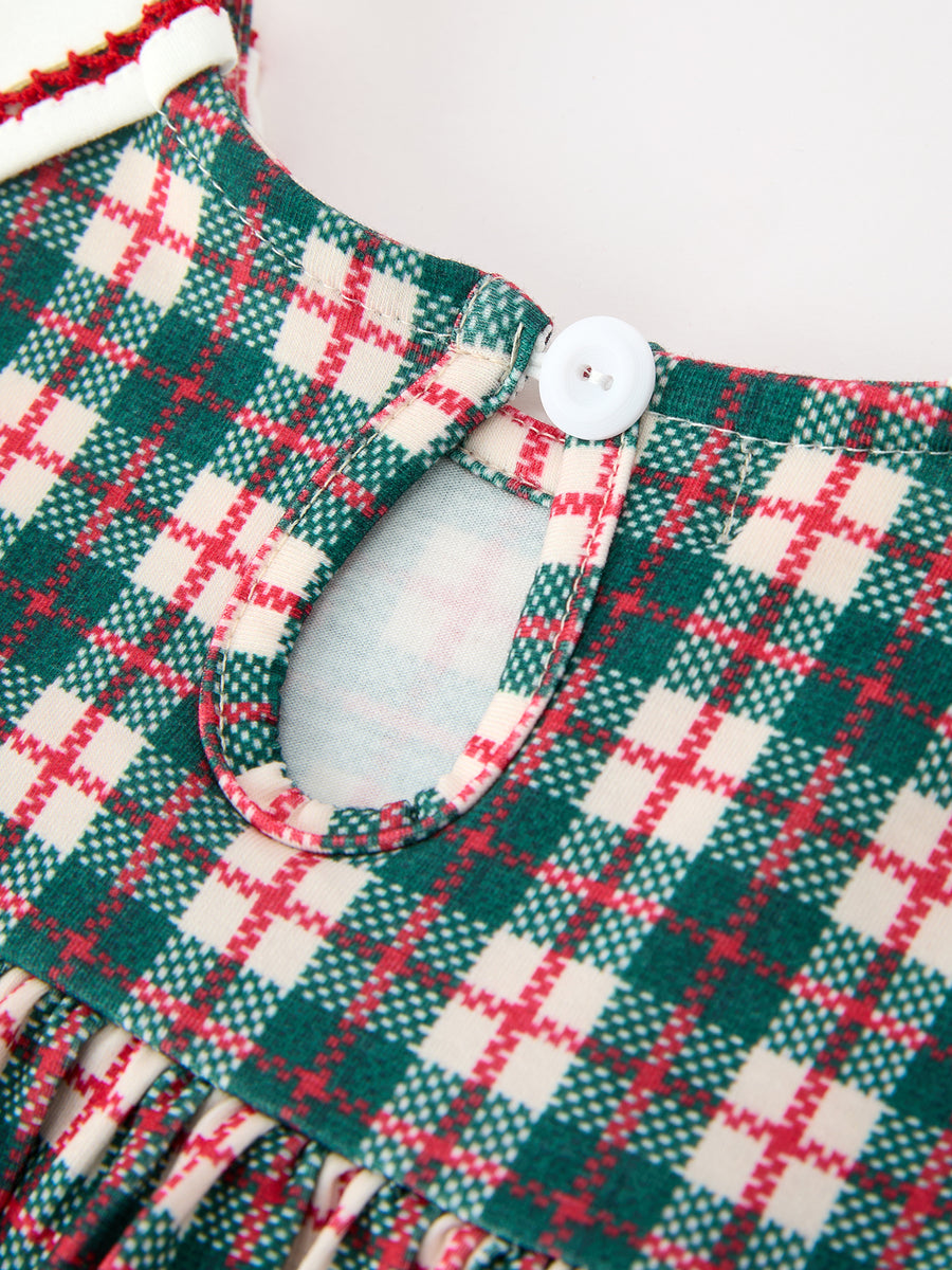 Baby Girl Christmas Plaid Embroidered Dress Wreath Collar