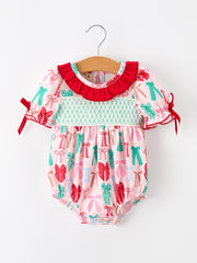 Baby Girl Christmas Smocked Bubble Romper Bow Print