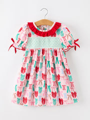 Girl Christmas Smocked Dress Red Green Bow Holiday Party Dress