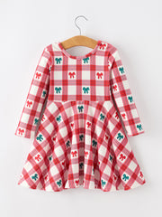 Christmas Girls Candy Cane & Bow Plaid Twirl Dress