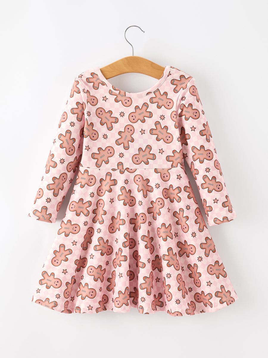 Christmas Girls Gingerbread Print Twirl Long Sleeve Dress