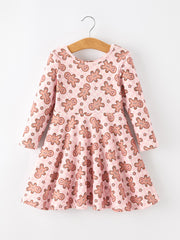 Christmas Girls Gingerbread Print Twirl Long Sleeve Dress
