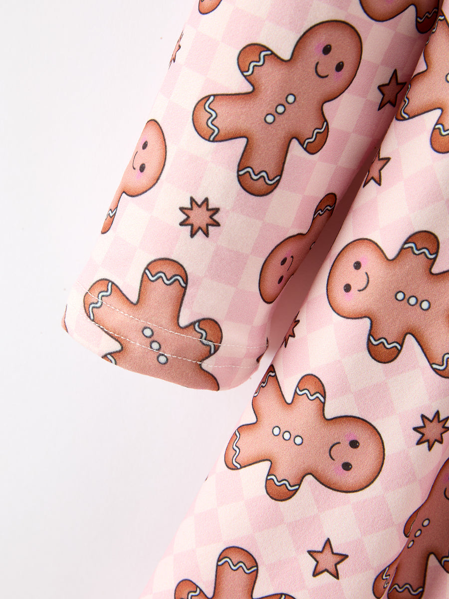 Christmas Girls Gingerbread Print Twirl Long Sleeve Dress
