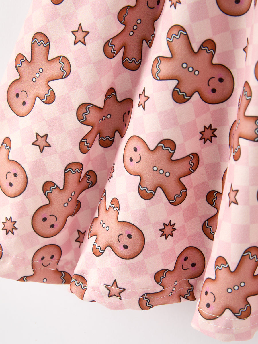 Christmas Girls Gingerbread Print Twirl Long Sleeve Dress