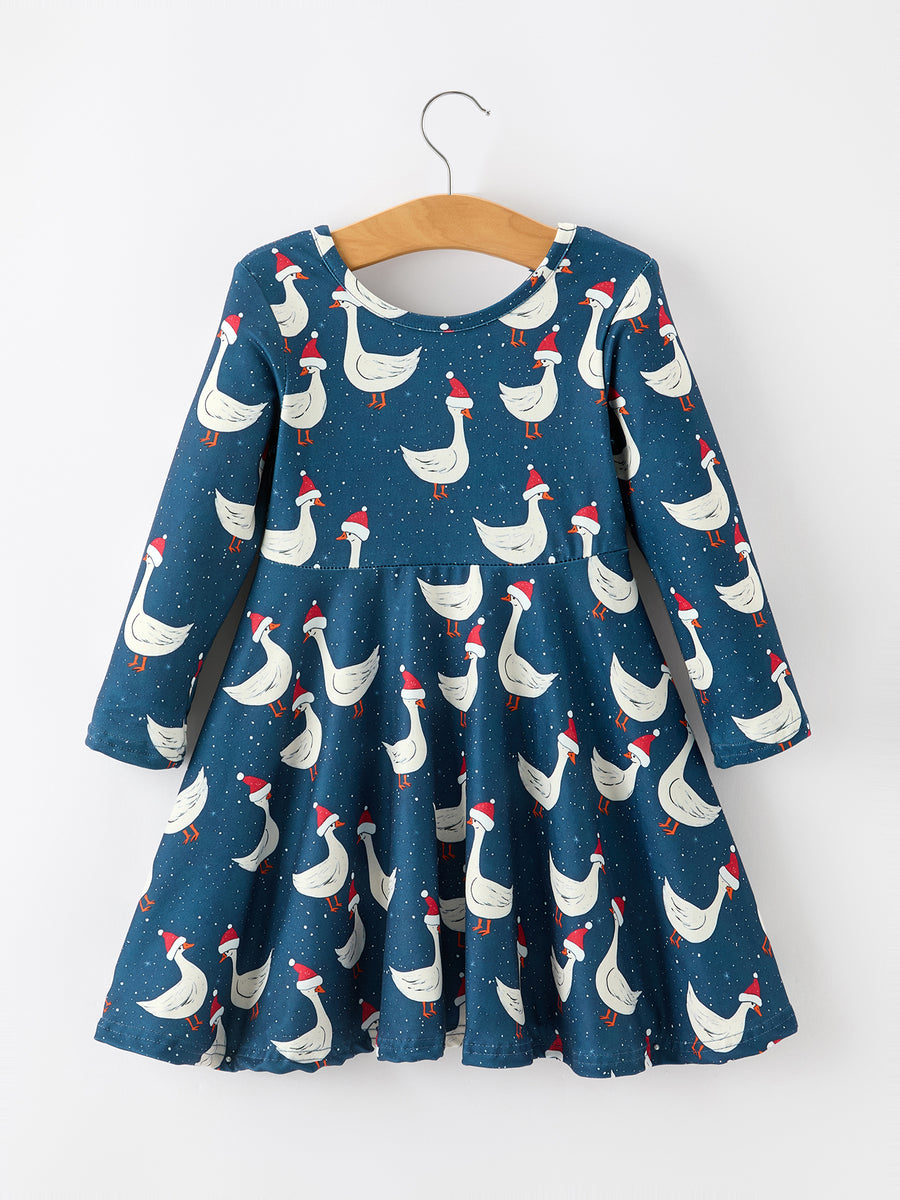 Christmas Girls Goose Twirl Dress Navy Long Sleeve Dress