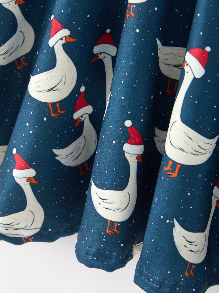 Christmas Girls Goose Twirl Dress Navy Long Sleeve Dress