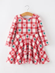 Christmas Girls Candy Cane & Bow Plaid Twirl Dress