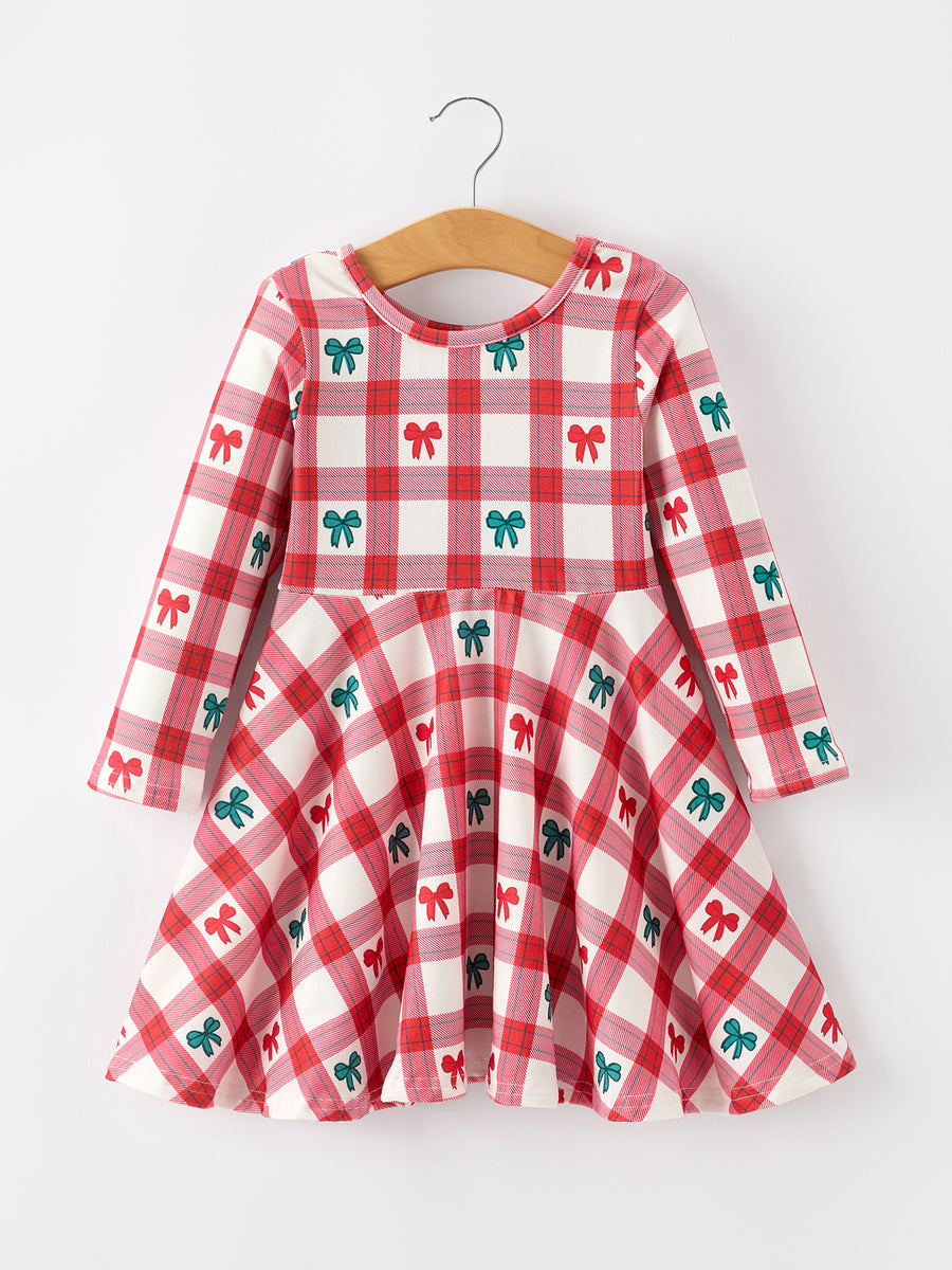Christmas Girls Candy Cane & Bow Plaid Twirl Dress