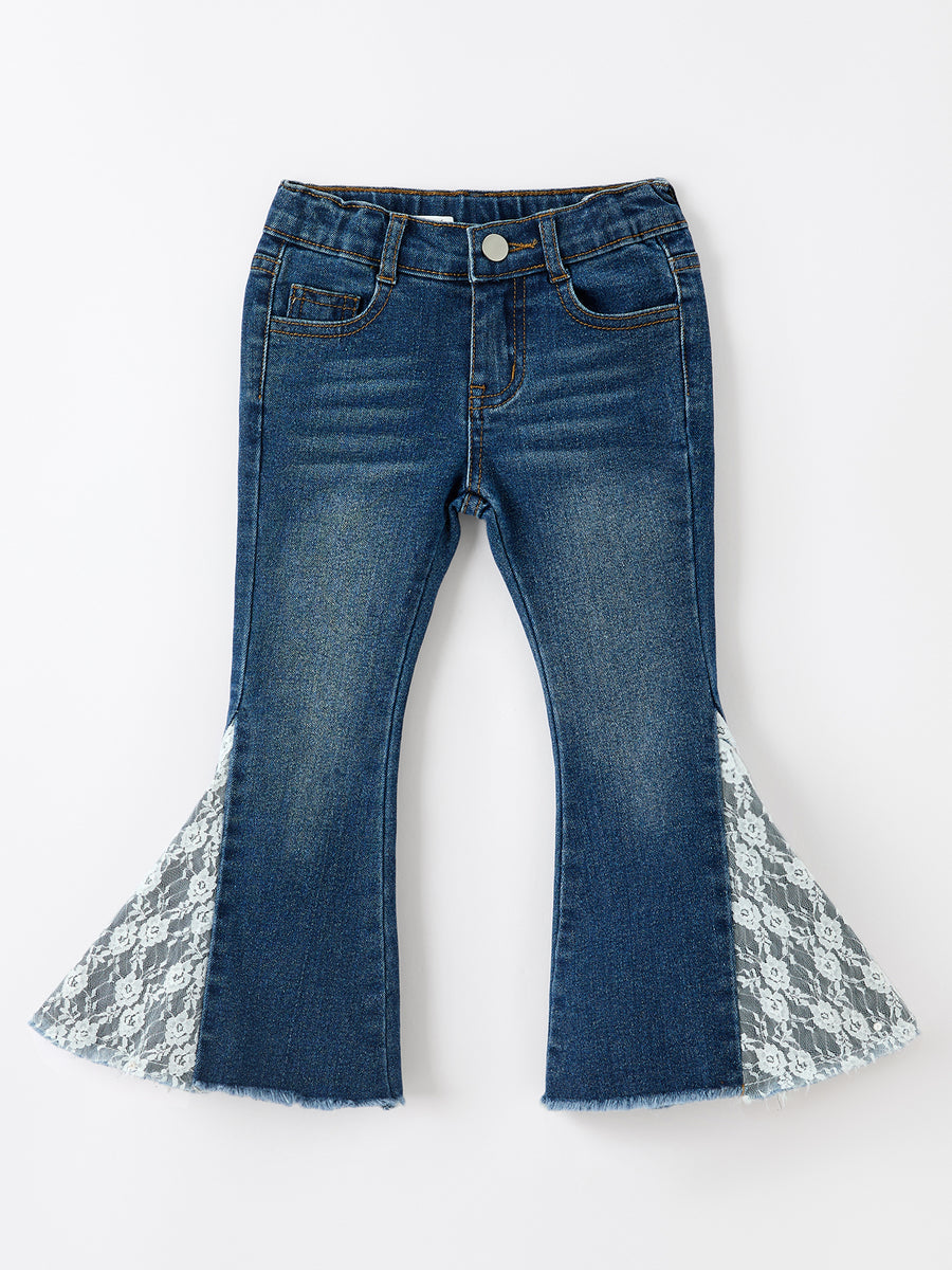 Girls Denim Bell Bottom Pants Lace Flare Jeans