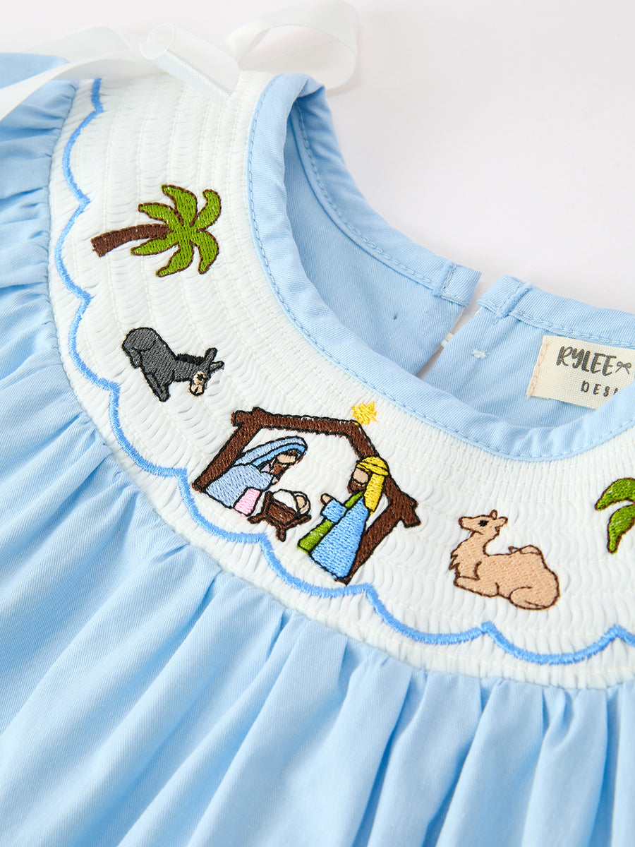 Christmas Nativity Smocked Long Sleeve Girls Dress