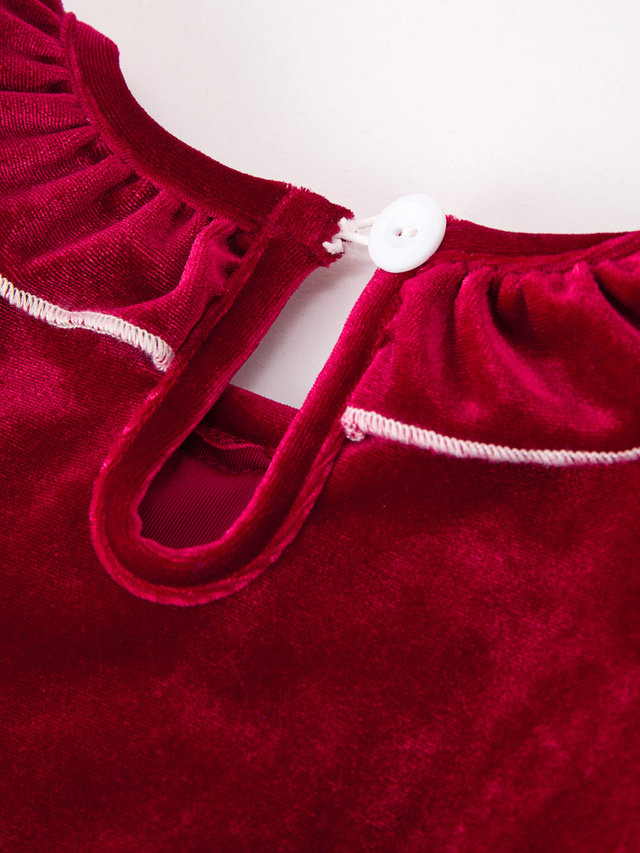 Christmas Velvet Smocked Girls Dress with Pearl Detail
