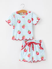 Back To School Apple Plaid Girls Scallop Trim Shorts Set