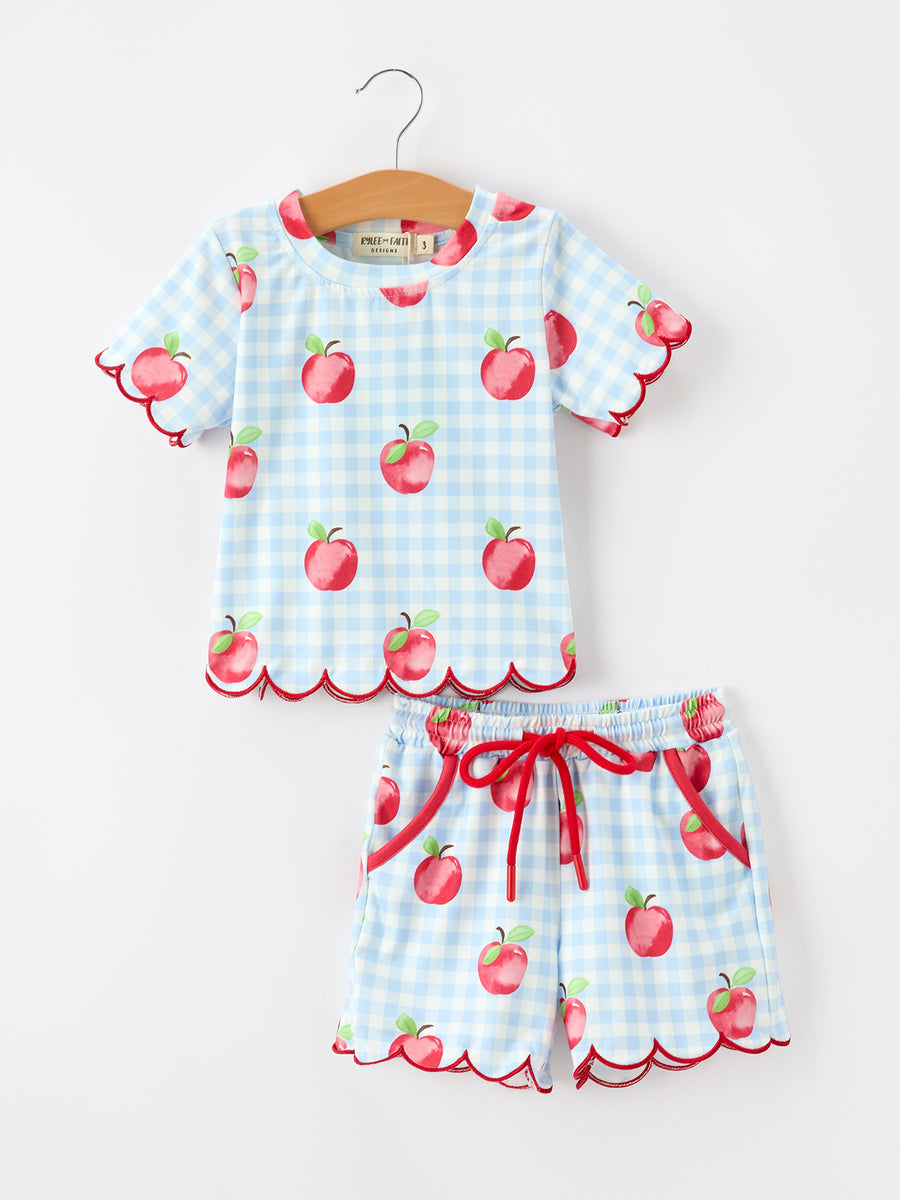 Back To School Apple Plaid Girls Scallop Trim Shorts Set