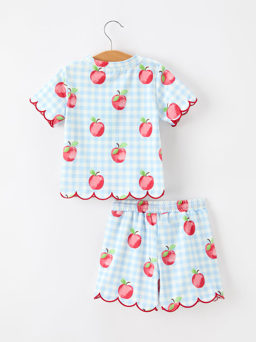 Back To School Apple Plaid Girls Scallop Trim Shorts Set