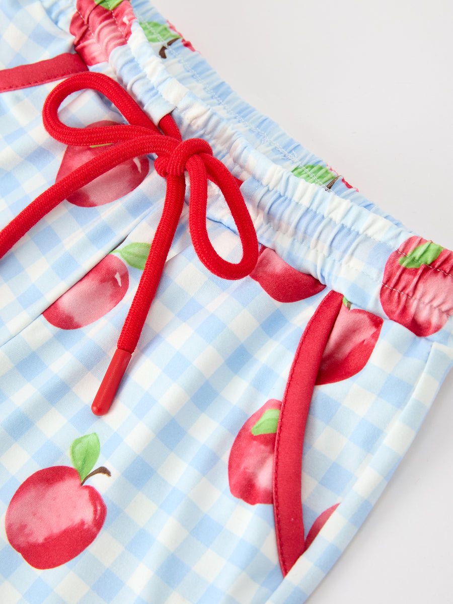 Back To School Apple Plaid Girls Scallop Trim Shorts Set