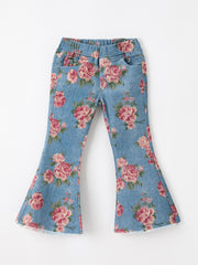 Girls Floral Denim Bell Bottom Pants Rose Print Flare Jeans