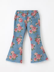 Girls Floral Denim Bell Bottom Pants Rose Print Flare Jeans