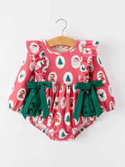 Christmas Santa Print Ruffle Baby Girl Bubble Romper with Bows