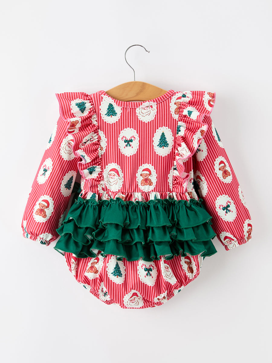 Christmas Santa Print Ruffle Baby Girl Bubble Romper with Bows