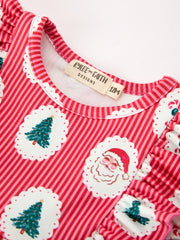 Christmas Santa Print Ruffle Baby Girl Bubble Romper with Bows
