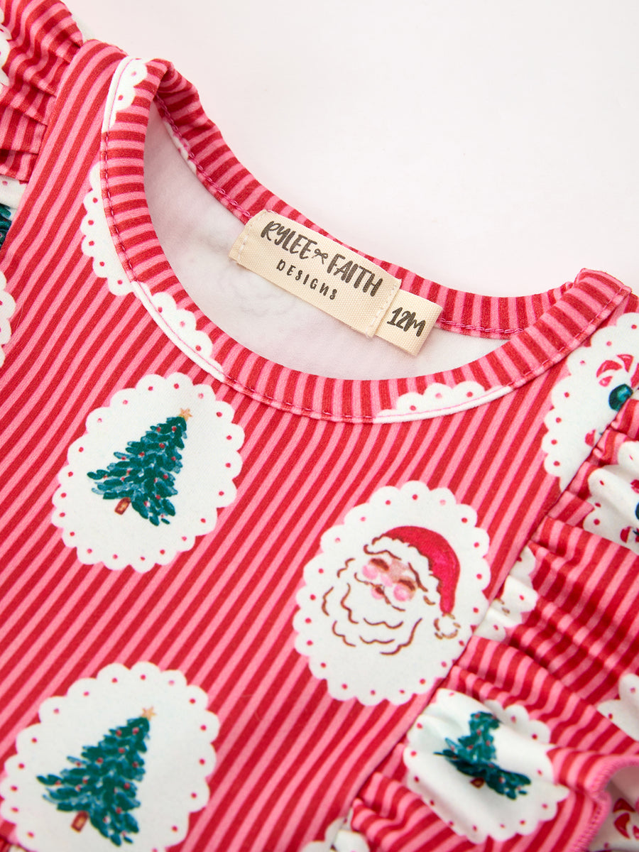 Christmas Santa Print Ruffle Baby Girl Bubble Romper with Bows
