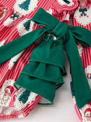Christmas Santa Print Ruffle Baby Girl Bubble Romper with Bows