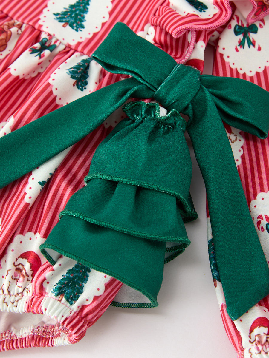 Christmas Santa Print Ruffle Baby Girl Bubble Romper with Bows