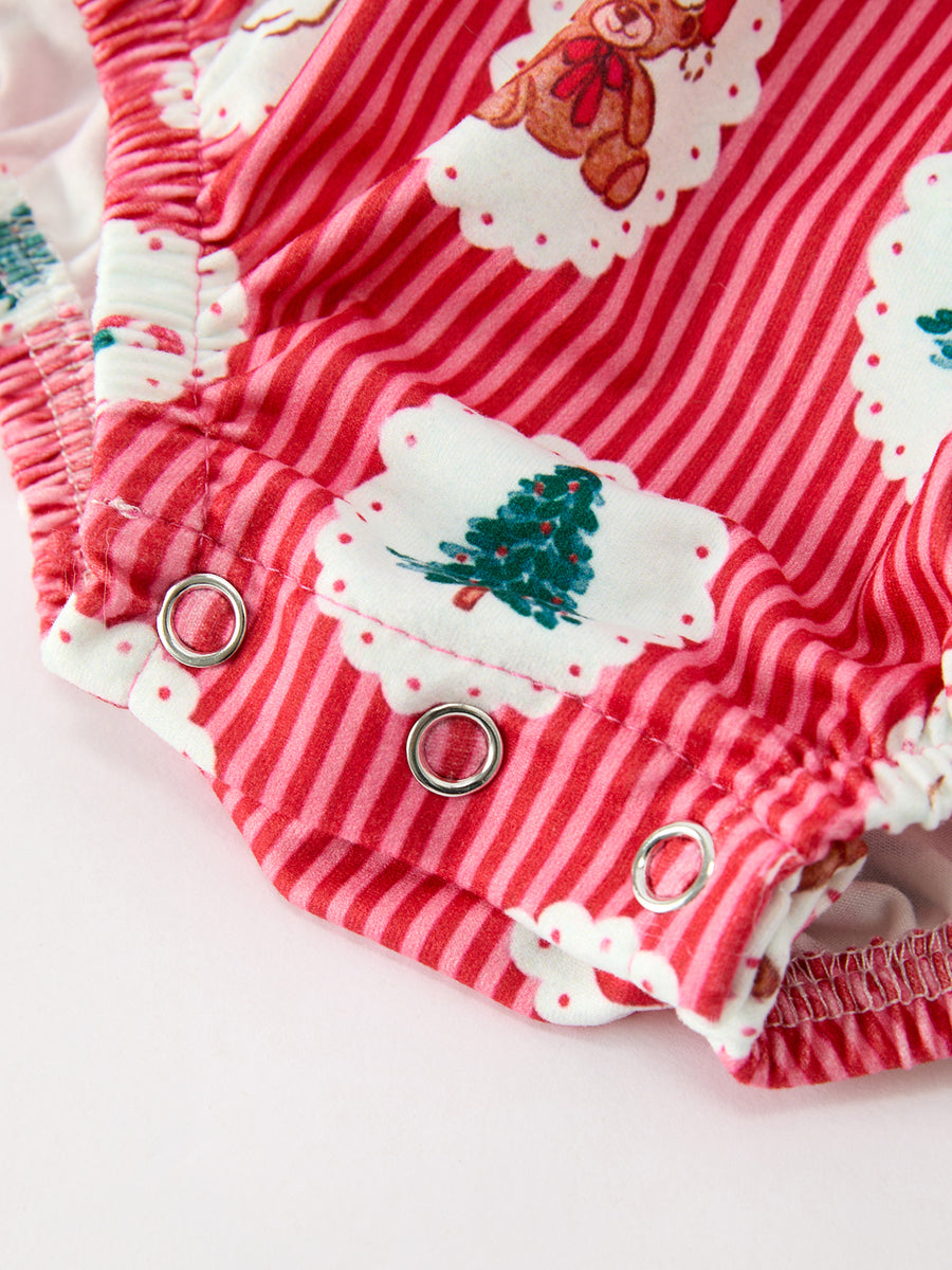 Christmas Santa Print Ruffle Baby Girl Bubble Romper with Bows