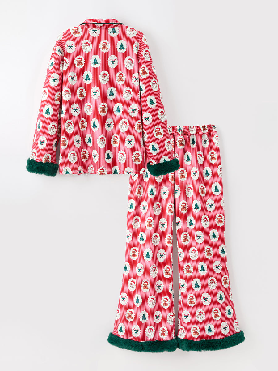Mommy and Me Christmas Santa Print Pajama Set with Fur Trim