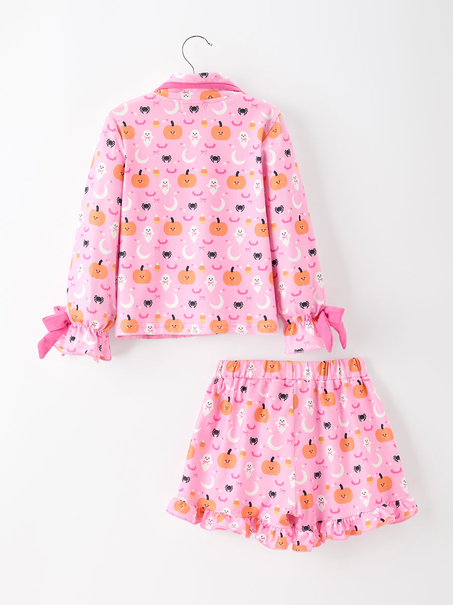 Halloween Pumpkin Ghost Print Girls Pajama Set Long Sleeve Top and Shorts