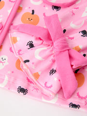 Halloween Pumpkin Ghost Print Girls Pajama Set Long Sleeve Top and Shorts