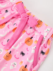 Halloween Pumpkin Ghost Print Girls Pajama Set Long Sleeve Top and Shorts