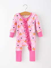 Halloween Pumpkin Ghost Print Baby Girl Pajamas Ruffle Zipper Romper