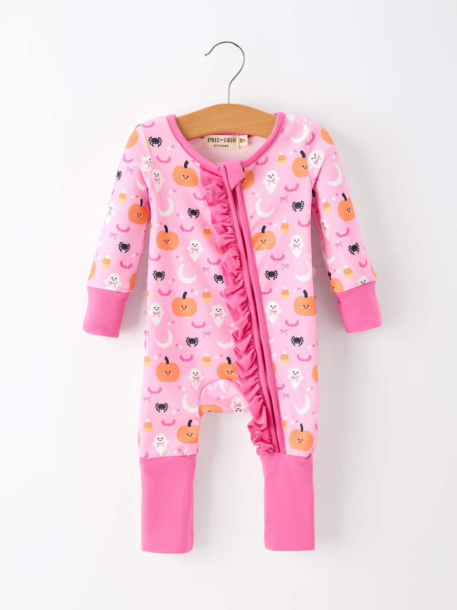 Halloween Pumpkin Ghost Print Baby Girl Pajamas Ruffle Zipper Romper