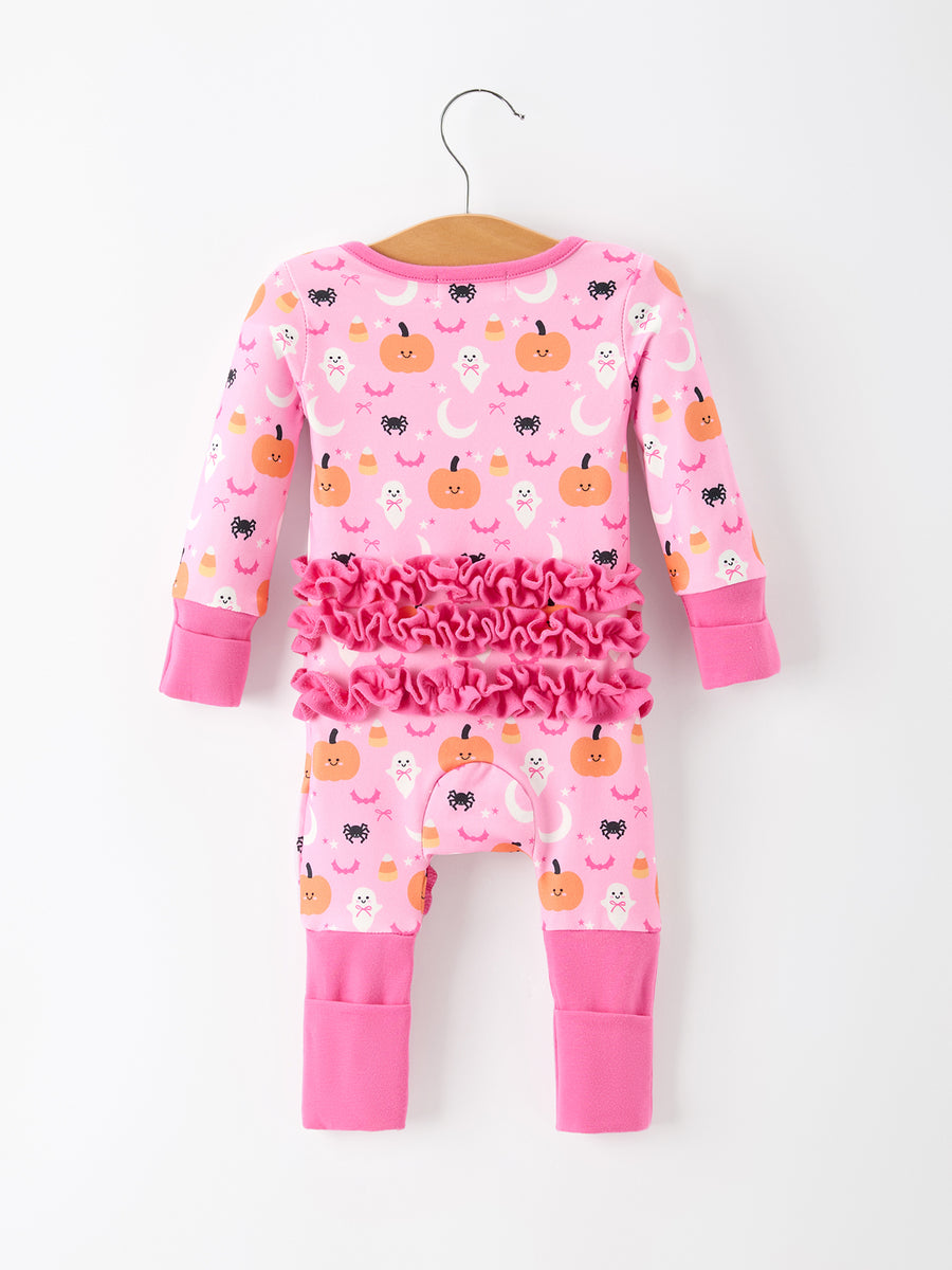 Halloween Pumpkin Ghost Print Baby Girl Pajamas Ruffle Zipper Romper
