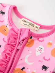 Halloween Pumpkin Ghost Print Baby Girl Pajamas Ruffle Zipper Romper