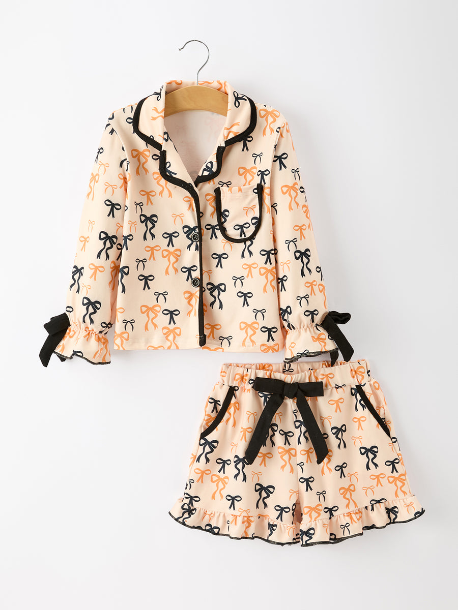 Halloween Bow Print Girls Pajama Set Long Sleeve Top and Shorts