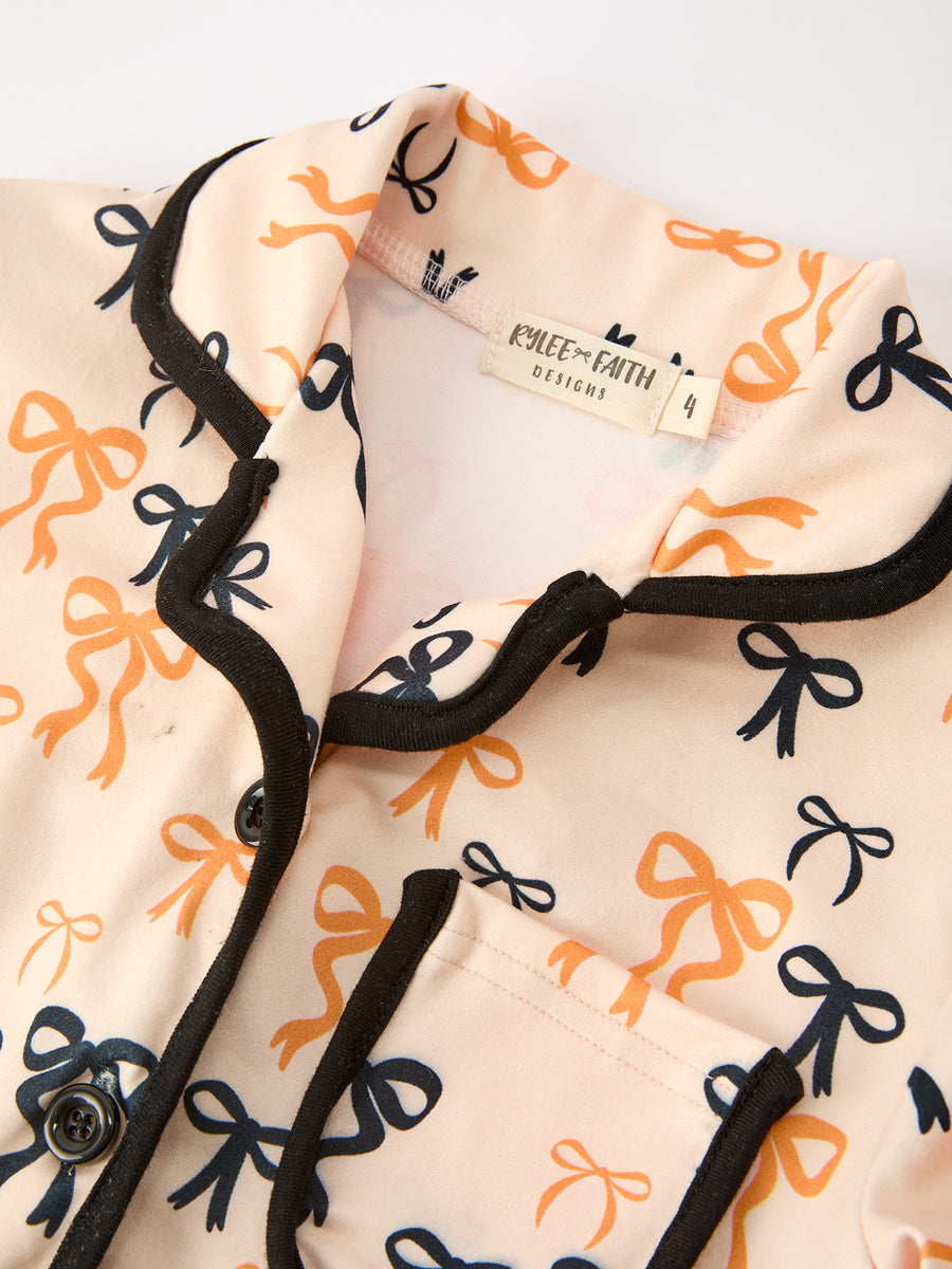 Halloween Bow Print Girls Pajama Set Long Sleeve Top and Shorts