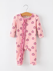Fall Thanksgiving Pink Pumpkin Ruffle Zip Sleeper Waffle Jumpsuit
