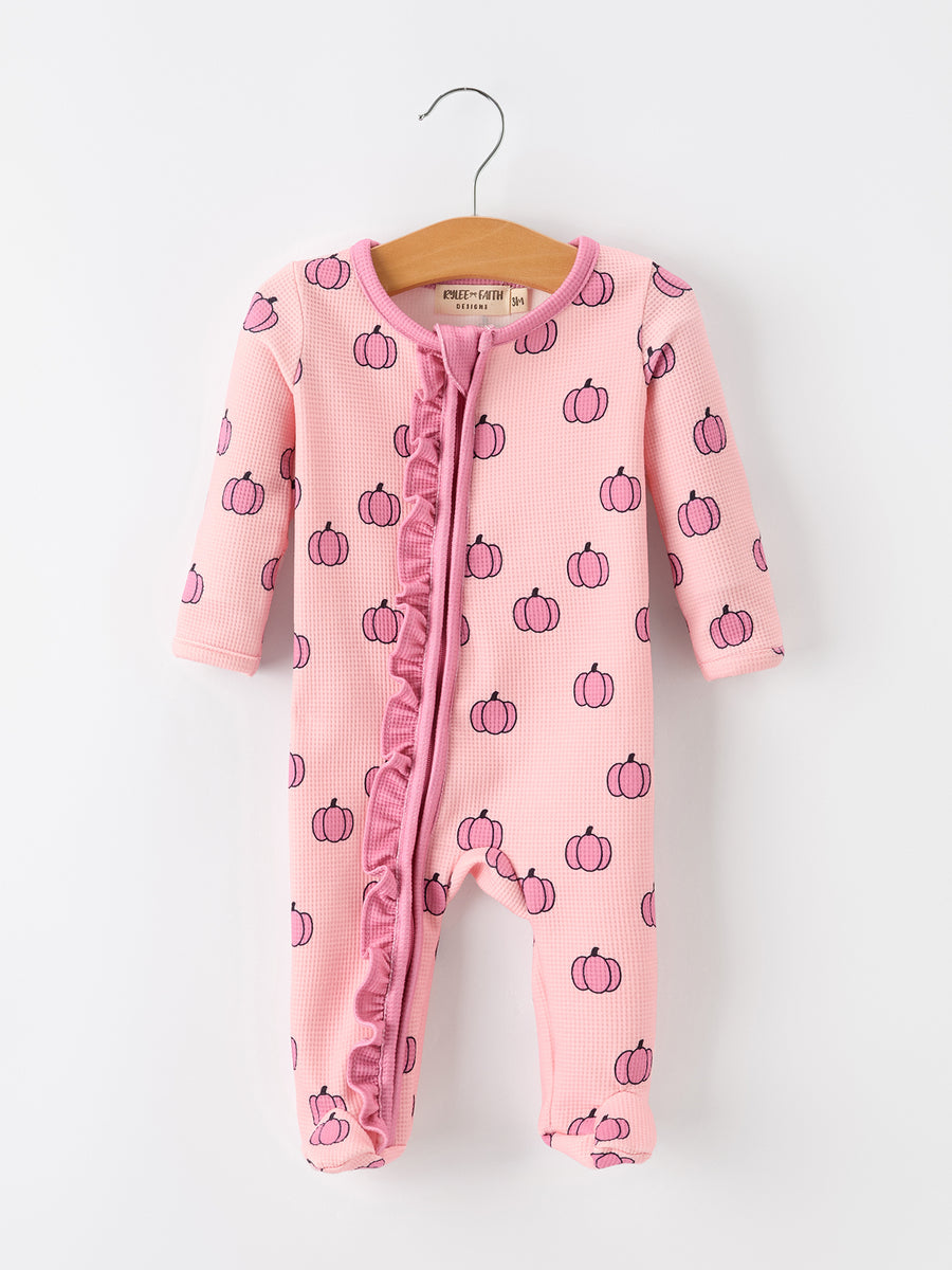 Fall Thanksgiving Pink Pumpkin Ruffle Zip Sleeper Waffle Jumpsuit