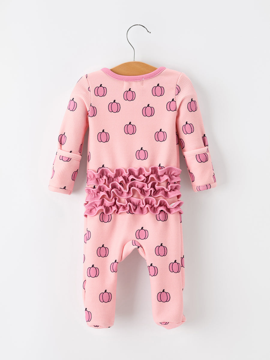 Fall Thanksgiving Pink Pumpkin Ruffle Zip Sleeper Waffle Jumpsuit