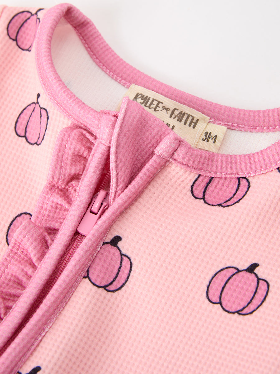 Fall Thanksgiving Pink Pumpkin Ruffle Zip Sleeper Waffle Jumpsuit