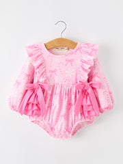 Pink Christmas Bow Print Ruffle Baby Girl Bubble Romper