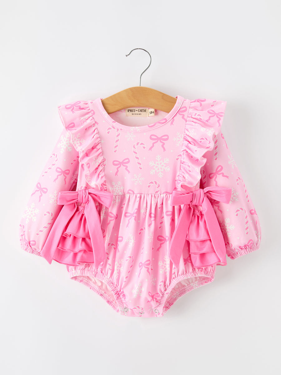 Pink Christmas Bow Print Ruffle Baby Girl Bubble Romper