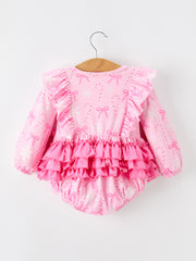Pink Christmas Bow Print Ruffle Baby Girl Bubble Romper